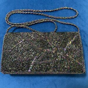VTG Black Iridescent Beaded Evening Bag Clutch/Crossbody Purse 90s multi color